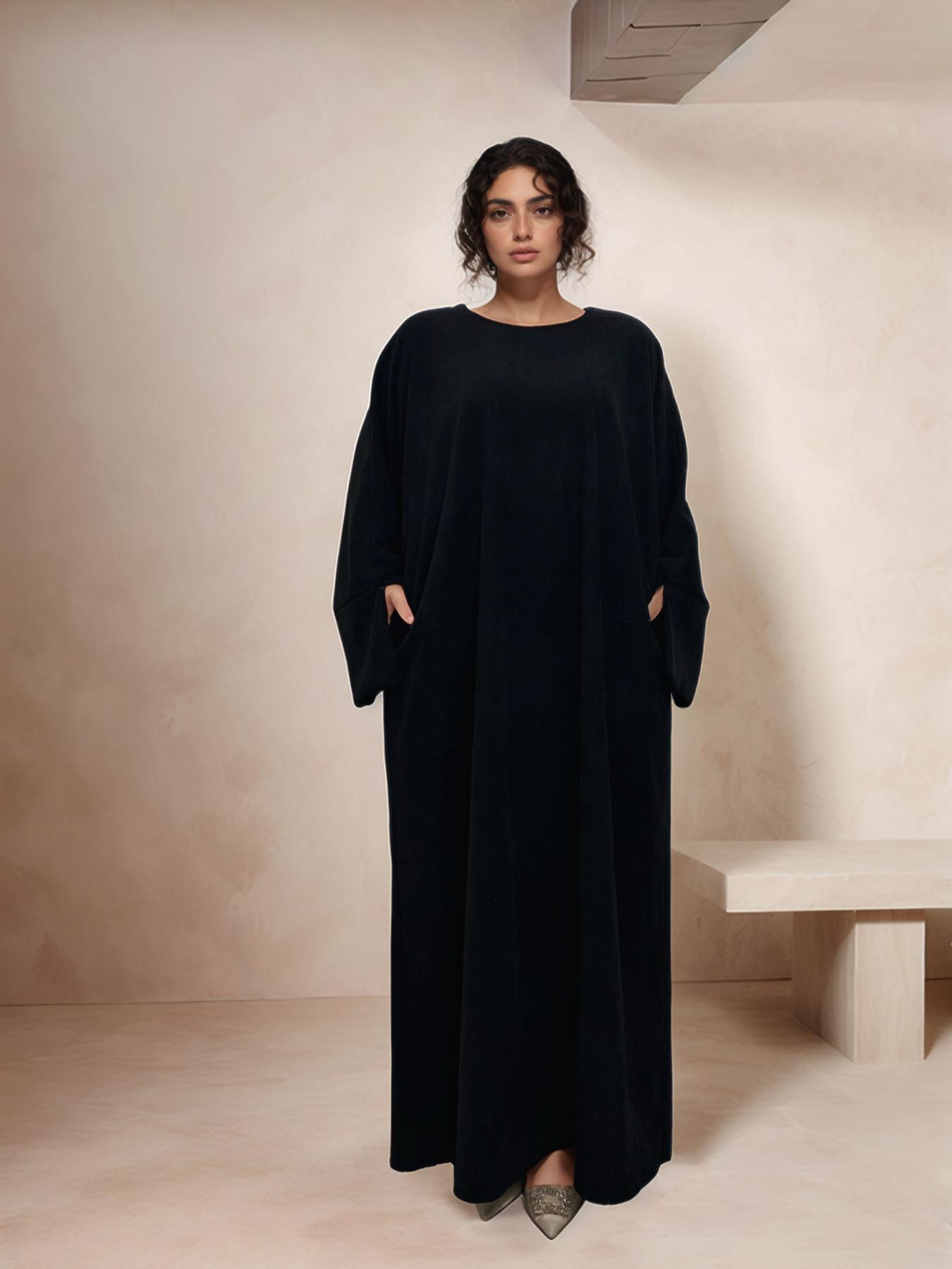 Women's Solid Color Split Sleeve Corduroy Robe, Modest Long Sleeve Round Neck Robe for Fall & Winter, Women's Islamic Clothing for Daily Wear, Modest Muslim Outfits