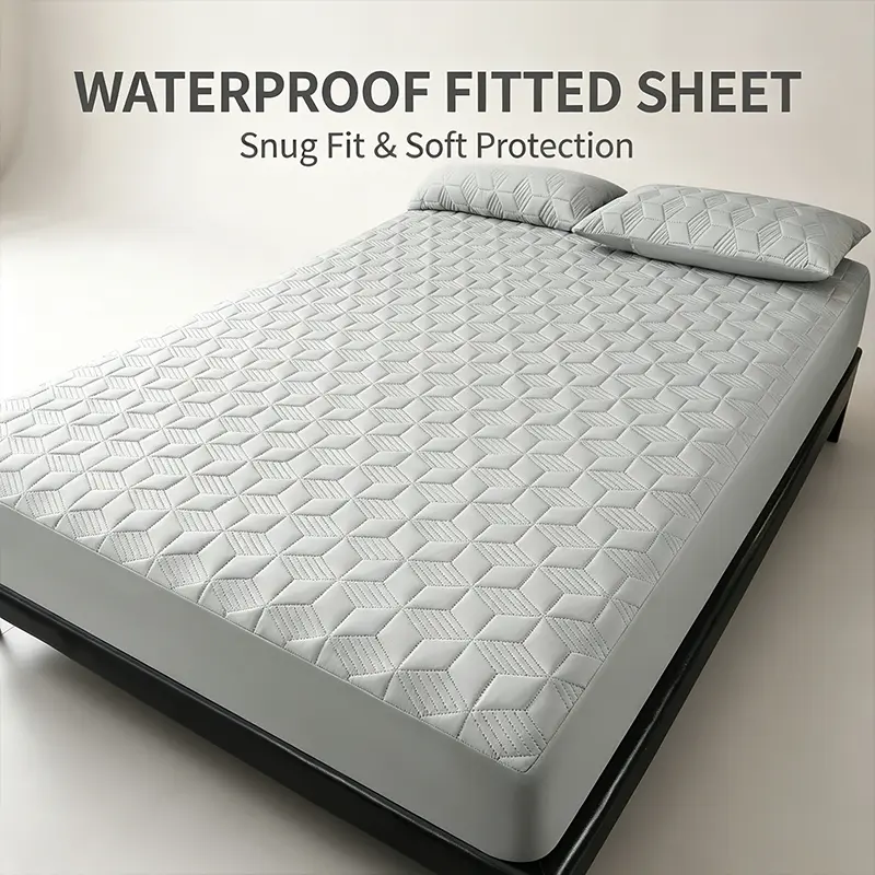 Comfort Soft Waterproof Mattress Fitted Sheet Set, Geometric Quilted Breathable Barrier Bed Cover, Flexible All-Around Elastic to Prevent Shifting, Multi Size Polyester Bedding for Single Double King Bed