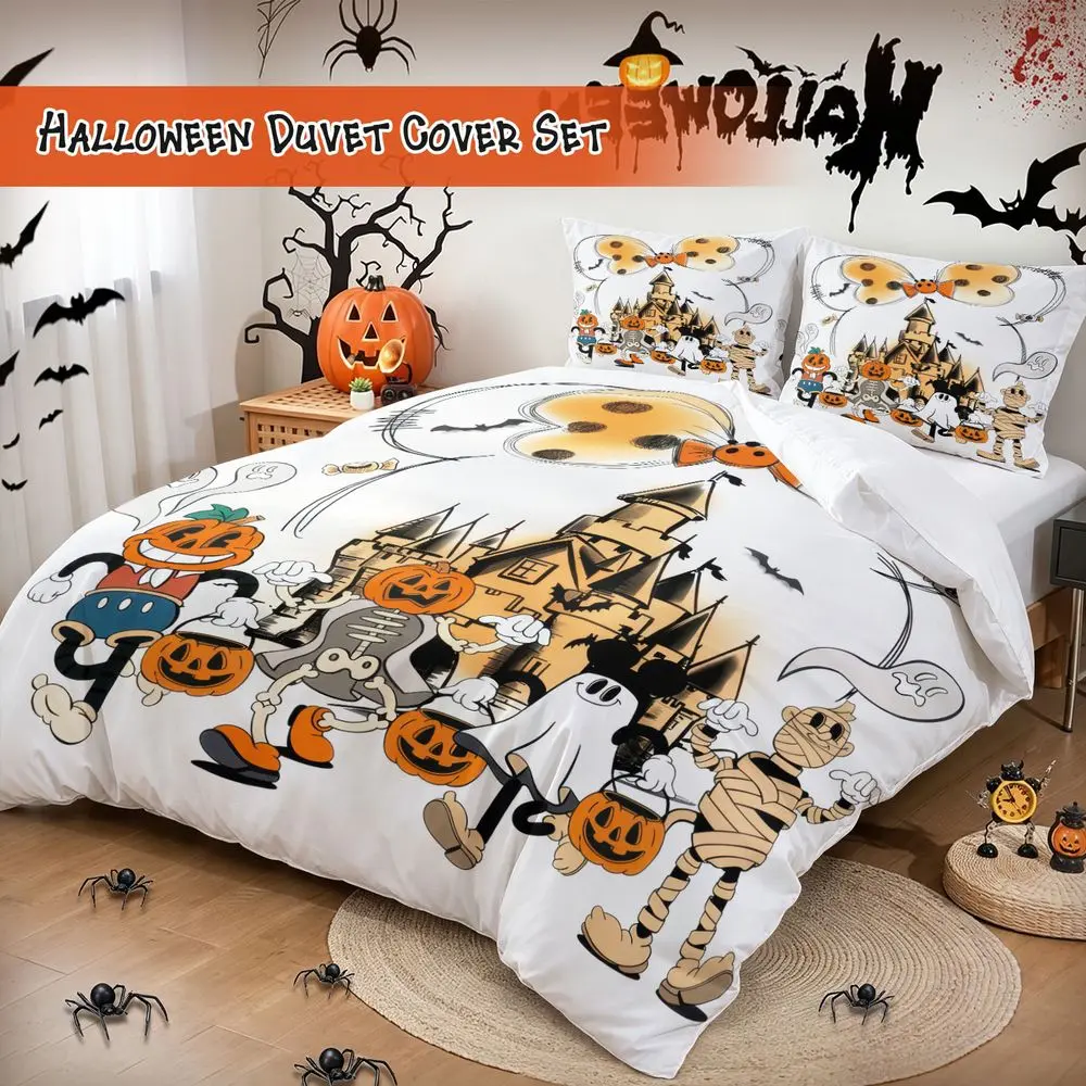 2/3Pcs Halloween Cartoon Castle Duvet Cover Set, Spooky Mouse Bedding Set with Pillowcase, Soft Microfiber Bed Cover for Kids Teens, Cute Pumpkin Ghost Print Bedding Collection No Fillers