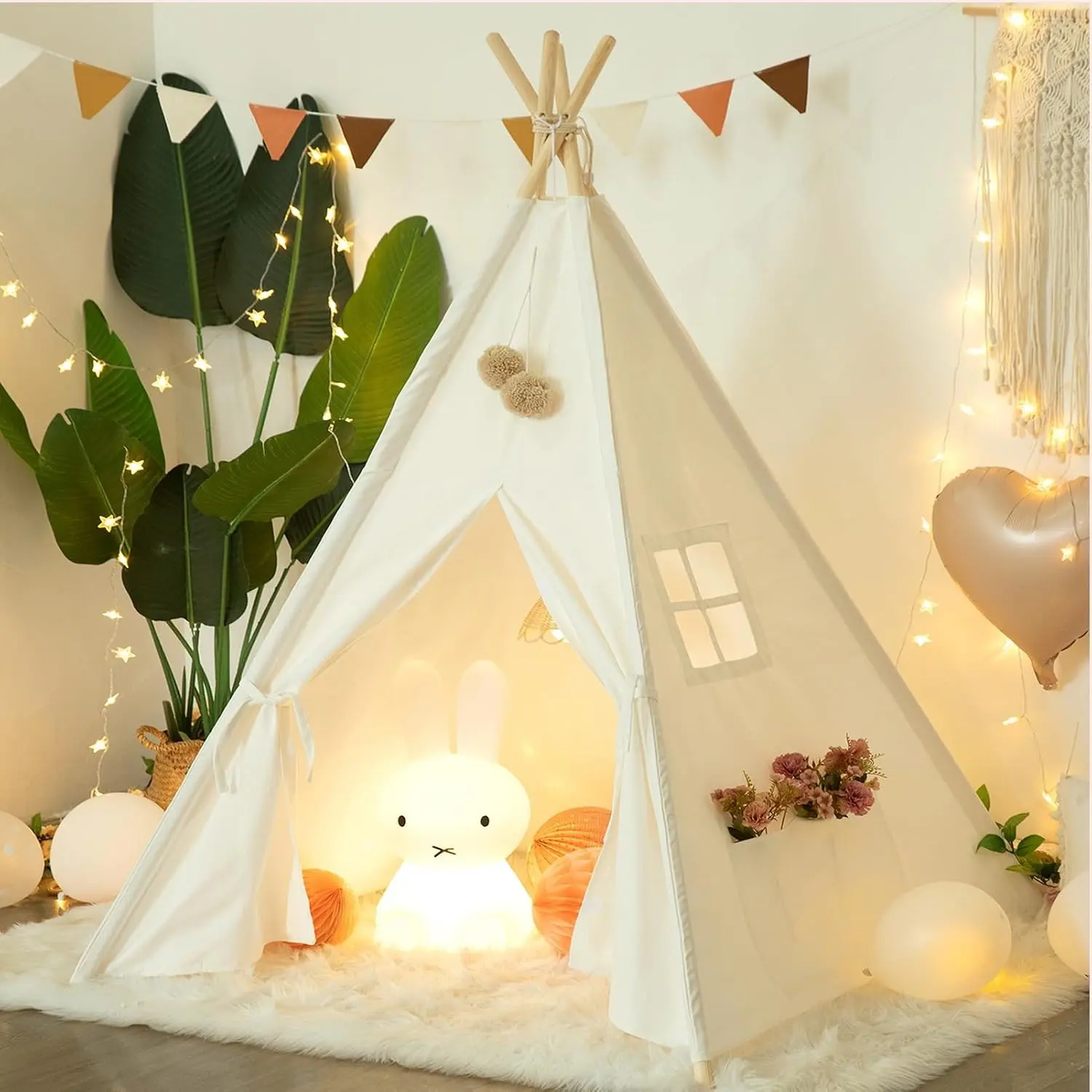 Portable Kids Teepee Play Tent for Indoor Outdoor Use (White)