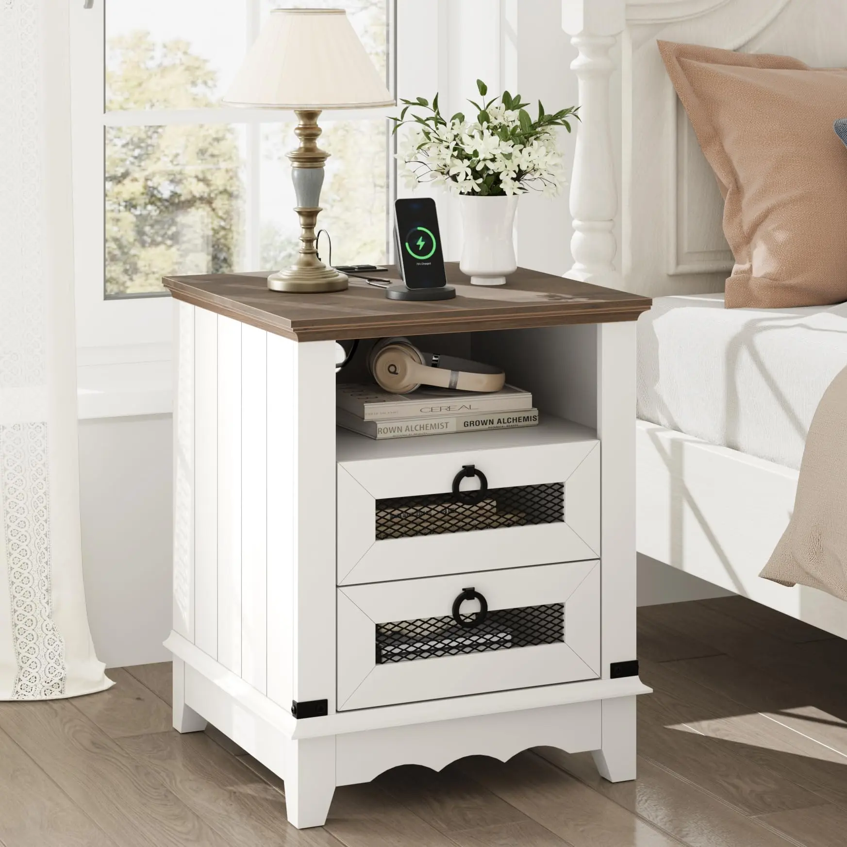 GARVEENightstand Farmhouse Side Table 24" inch End Table Industrial Bed Side Table with Charging Station Night Stand 2 Drawers Open Cubby Wood Sofa Side Table Living Room Bedroom