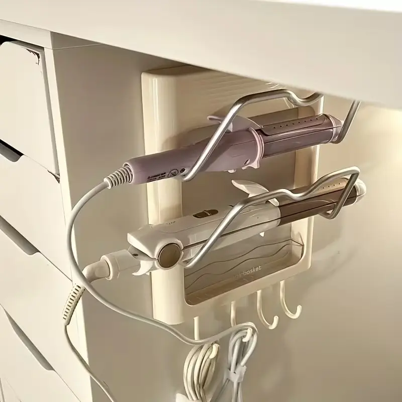 Wall-Mounted Hair Clipper Organizer, No Drilling, Durable Plastic Bathroom Storage Box, Fits Curling Irons and Straighteners, Space-Saving Design