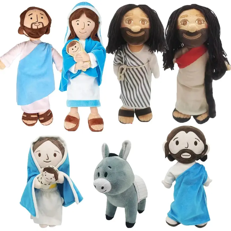 Jesus Plush Toy Virgin Mary Soft Doll Traveler Crutch Style Donkey Stuffed Christ Religious Savior with Smile Believer Fans Gift