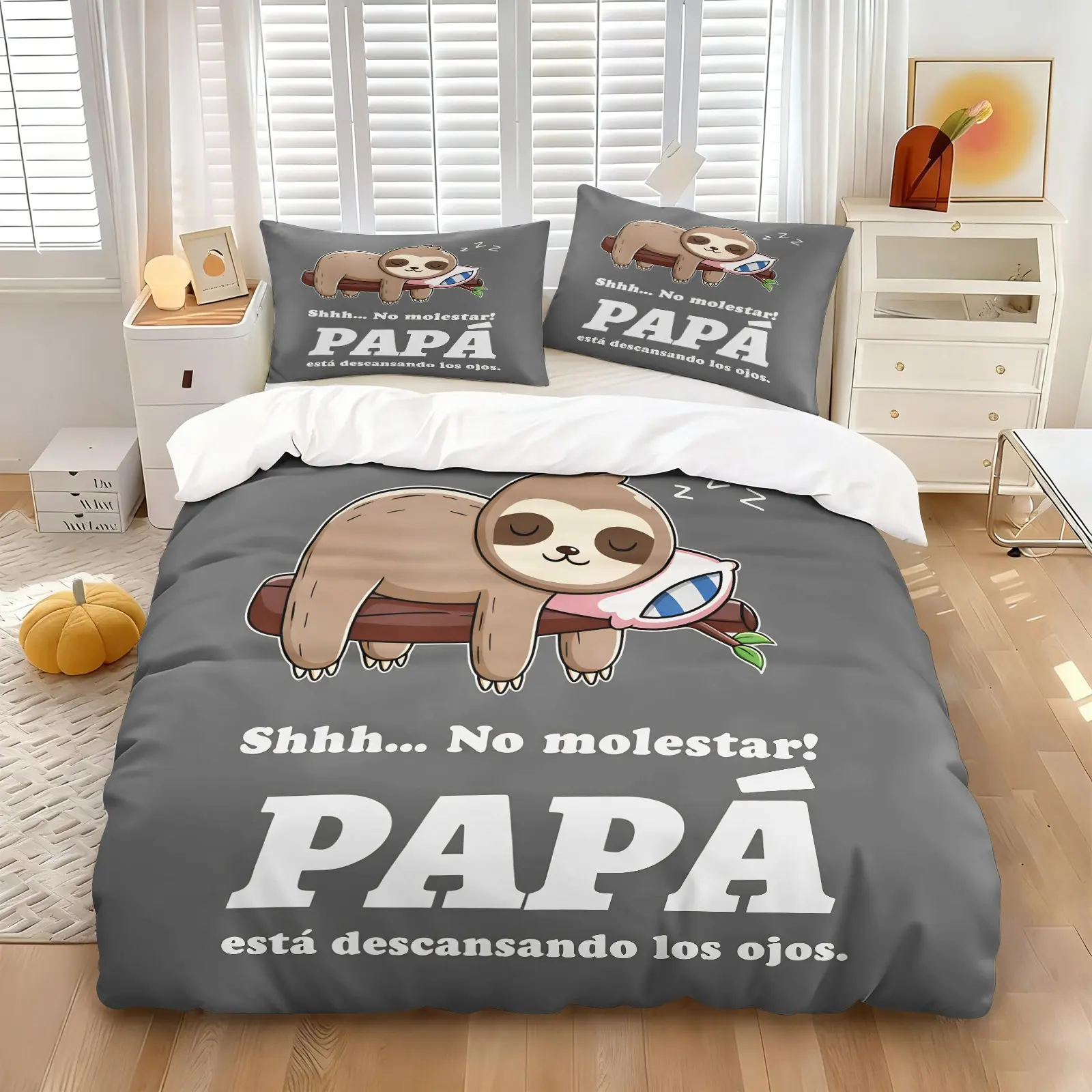 Funny Spanish Dad "No Molestar Papa" Theme Duvet Cover Set, Sleeping Sloth on Branch & "Papa Esta Descansando" Quote Print Quilt Cover with 1 or 2 Pillowcases, Perfect Gift for Latino Dads & Father's Day Bedroom Decor