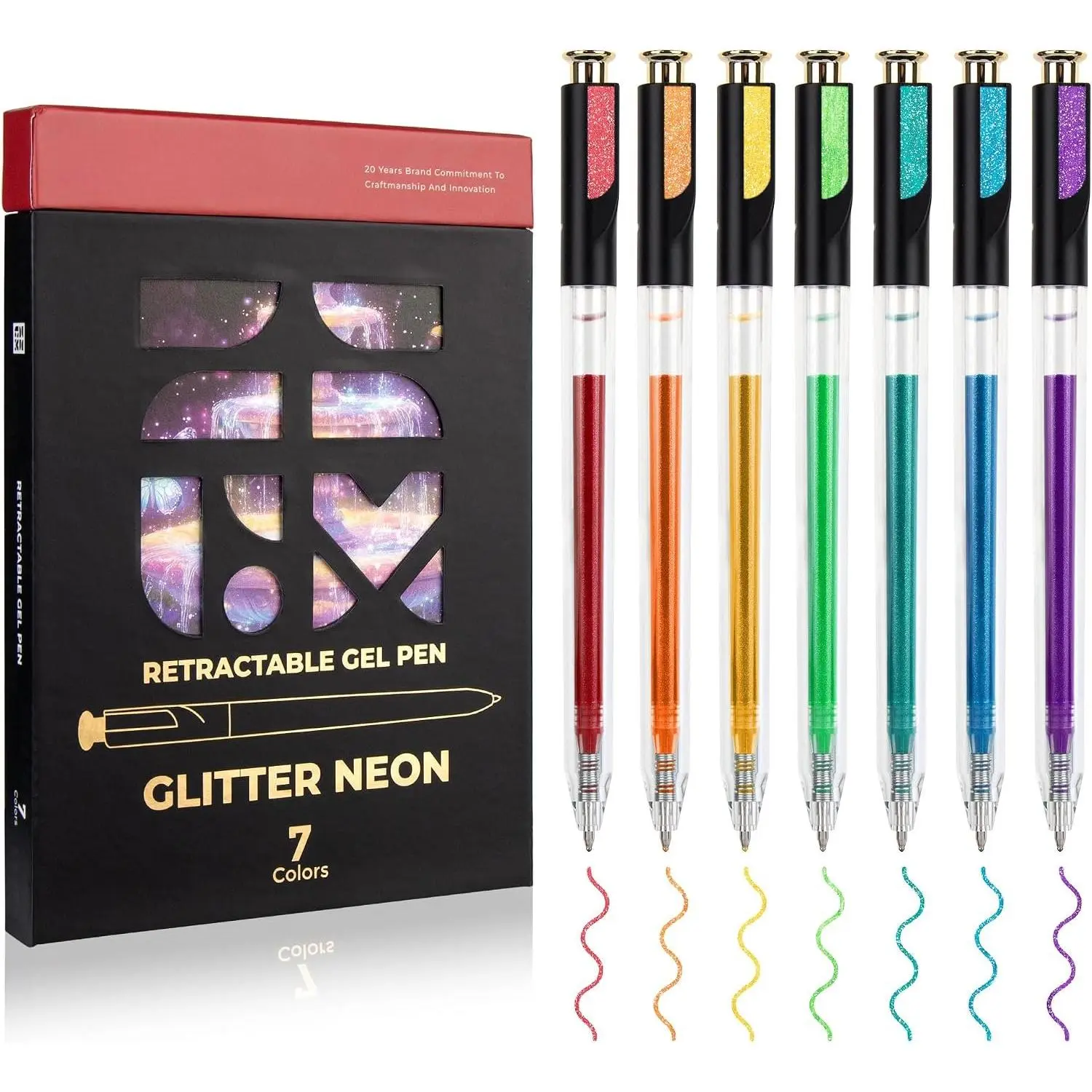 Retractable Glitter Neon Pens, 7 Colors Large Capacity UV Reactive Sparkle Gel Ink Pens for Adult Coloring, 1.0 mm Fine Point Smooth Writing Color Pen for UV Art Note Taking Aestic Art Supplies