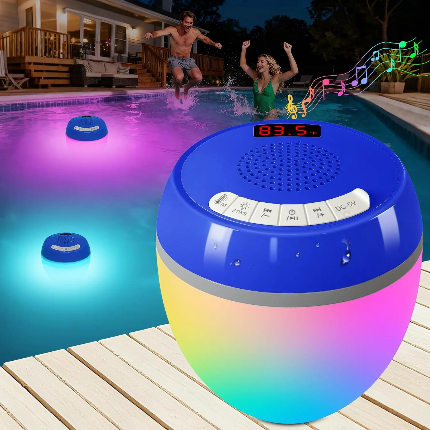 3 in 1 Bluetooth Floating Pool Speaker with Digital Thermometer, Colorful Lights, IP68 Waterproof, TWS Portable Speaker, Loud Sound for Pool & Hot Tub