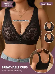 Morelect 2-Pack Plus Size Lace Bra, Front Buckle, Breathable Full Coverage, Push-Up, Medium Support, 1xl-5xl, All Seasons Lingerie