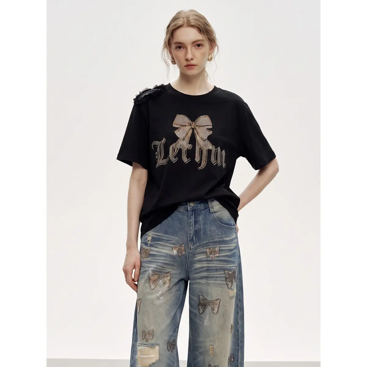 TCH - K | The Goddess Bow Top | Black Sequin Gothic Goddess Tee | New Dropped 2026 Y2K Goth-Lite Bling Aesthetic Top | Vintage Streetwear
