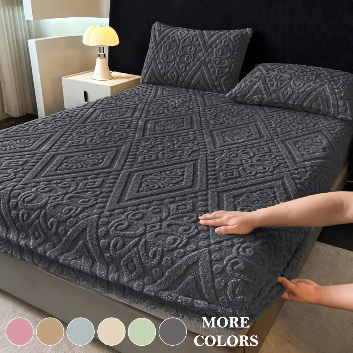 Ultra Soft Embossed Fleece Fitted Sheet Set, Bed Linens, European Damask Floral Mattress Cover & Protector, Thick Plush Warm 2/3-Piece Bedding Including 1 Deep Pocket Fitted Sheet and 1 or 2 Pillowcases for Bedroom, Apartment & Dorm
