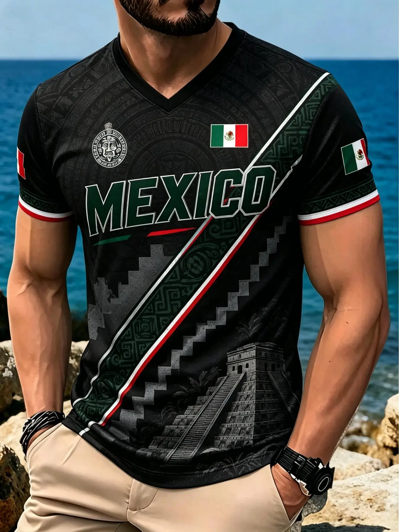 Men's Mexican Style Aztec Pattern Eagle Snake Print V-Neck Short Sleeve T-Shirt, Breathable Casual Sporty Top, All Seasons Loose-Fit Tee