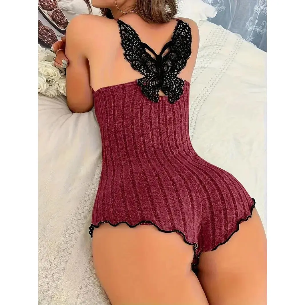 Lady's Summer Onesie Pajamas - Fashion Back Bow, Lace Splicing Bodysuit Sleepwear & Loungewear Clothes, Sleeveless, Onesies Pajamas, Women, Home Loungewear, Casual, Butterfly Lace, Contrast Lace