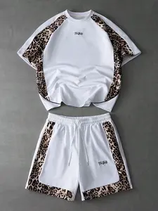 Leopard Print Patchwork Raglan Sleeve Sports Set, Unisex American Street Style Short Sleeve Shorts Two-Piece, Casual Fashion