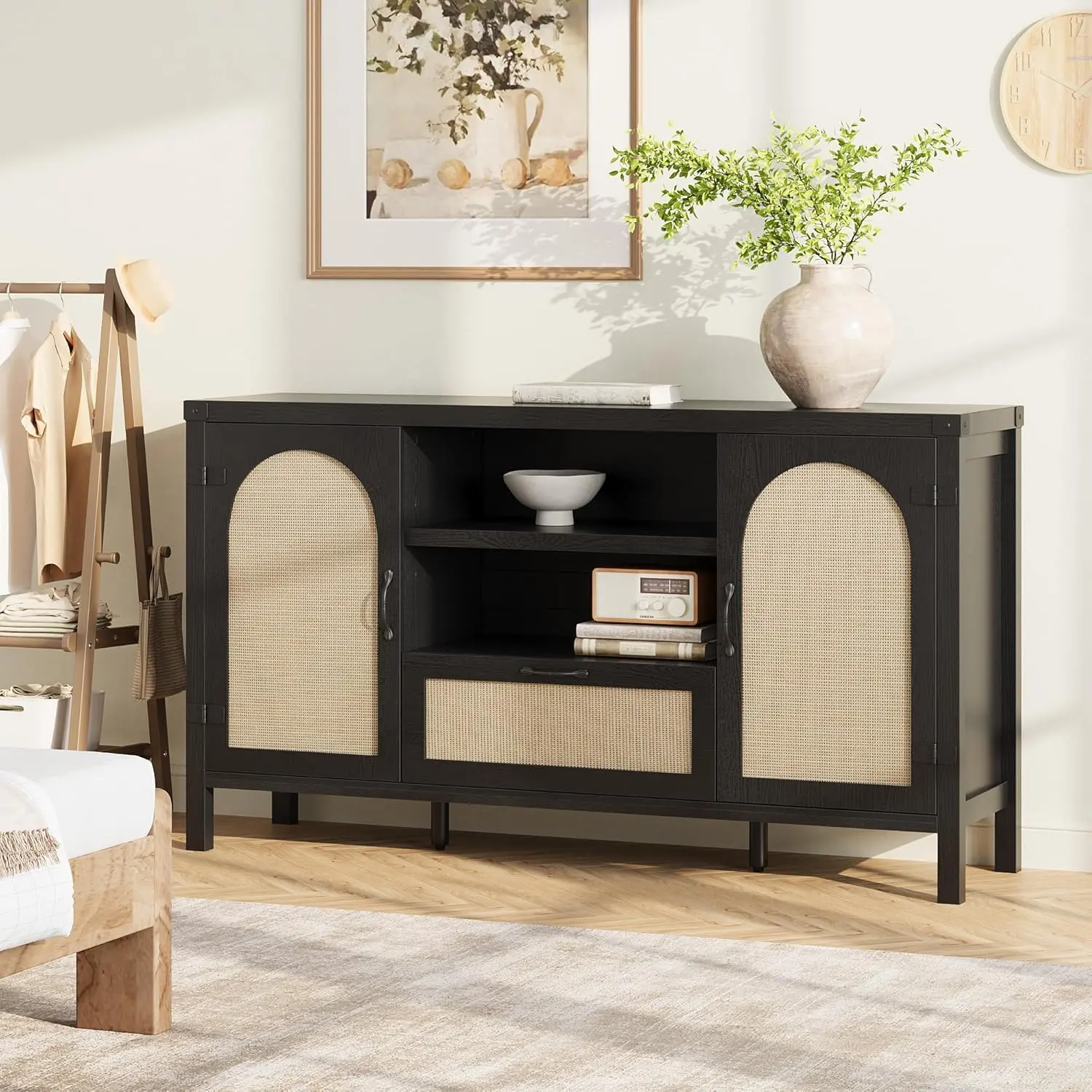 47 Inch Rattan Buffet Cabinet with Storage, Boho Farmhouse Sideboard with Adjustable Shelves & Drawer, Kitchen Coffee Bar Cabinet with Arched Cane Doors for Dining Room, Living Room, Entryway