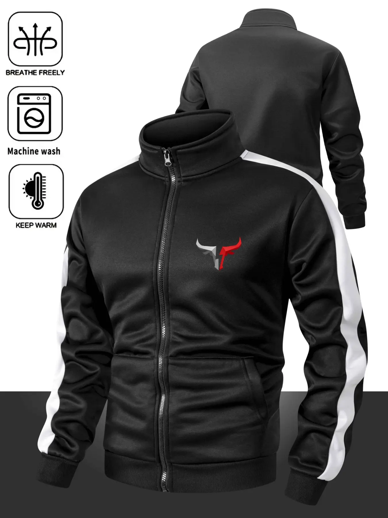 Men's Side Stripe Stand Collar Zipper Sport Jacket, Breathable Warm Durable Casual Top, Colorblock Bull Logo Print, All Season Streetwear, Sporty Jacket