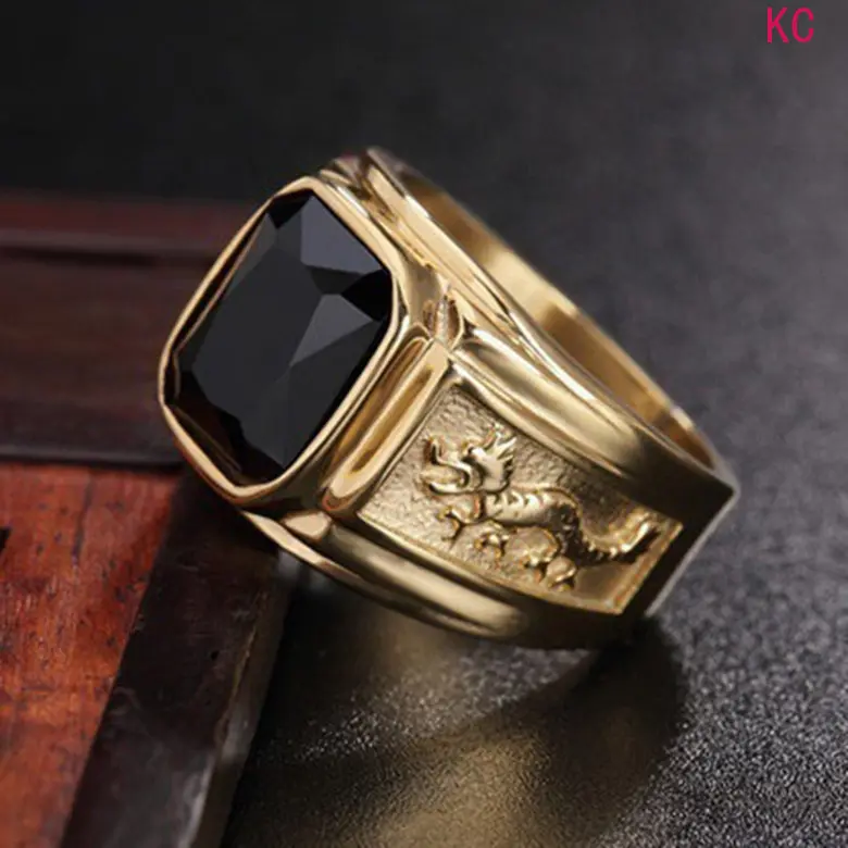 18K Gold Plated Dragon Pattern Ring Inlaid Stones, Vintage Mosaic Finger Jewelry For Men Daily Styling