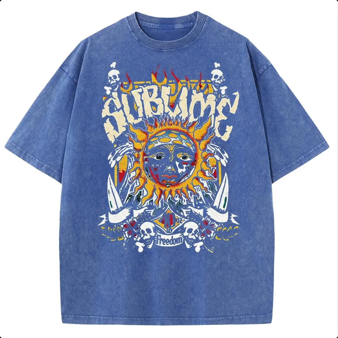 Women's Retro Baggy Vintage Round Neck Cotton Short-Sleeve T-Shirt - Sunland Acid Washed Fuzzy Sun Pattern DTG Printed Breathable Streetwear Trending Casual Graphic Top, Women's Tops, Good Graphic Tees, Shirts For Women
