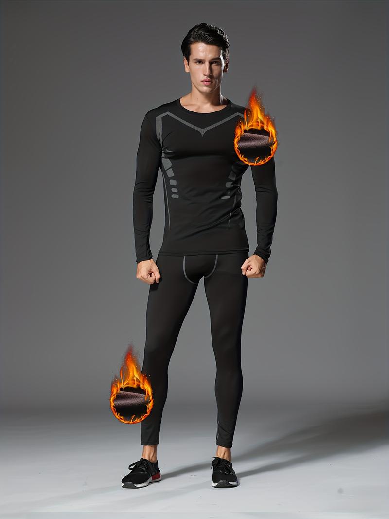 Personalized printing and fleece sports suit 6-piece men's thermal underwear suit running gym clothes autumn and winter warm fleece tight equipment morning running night running training autumn and winter sportswear raglan sleeve value pack base layer und