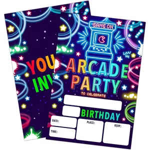 Arcade  Birthday Invitations, Neon Arcade Party Invitation for Boys Girls, 20 Double Sided Fill In Style Birthday Invites Card with Envelopes, Party Favor Decoration Supplies