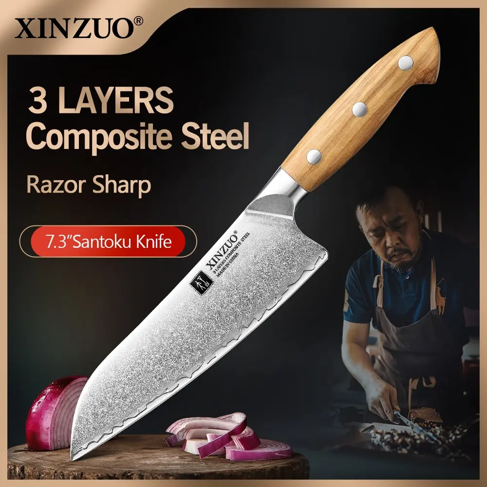 XINZUO Pin Series Santoku Knife, High-Quality Three-Layer Composite Steel, 10Cr15CoMoV Core, Olive Wood + Stainless Steel Handle, Elegant Handcrafted Box Packaging