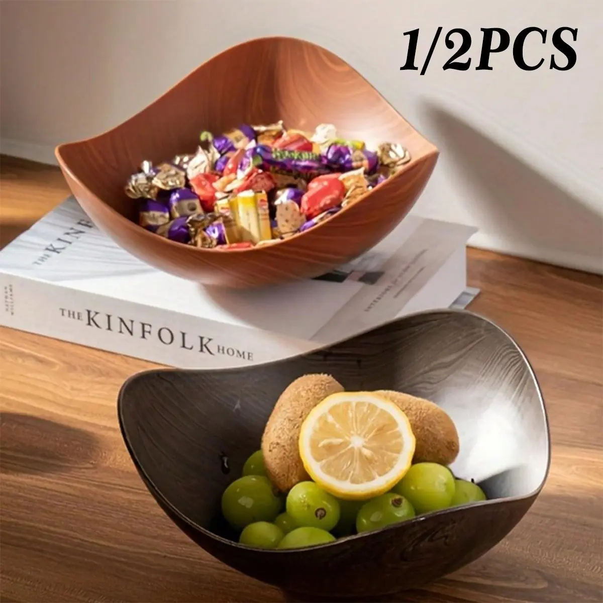 Large Wooden Texture Plastic Salad Serving Bowl, Deep / PP Material, Durable Fruit Bowl for Parties, Weddings, Picnics, Easy to Clean