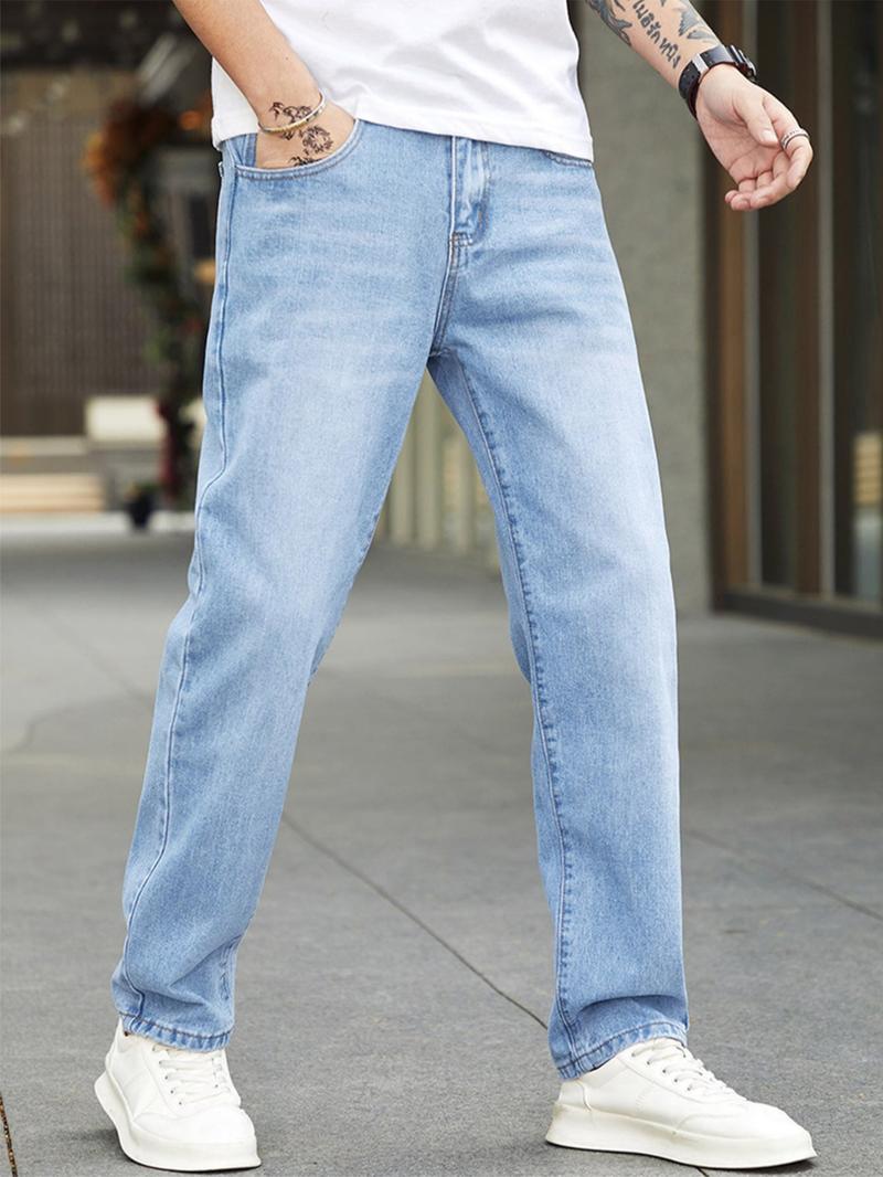 Men's Solid Color Wash Denim Jeans, Casual Comfy Straight Leg Jeans for Daily Wear, Woven Bottoms for All Seasons