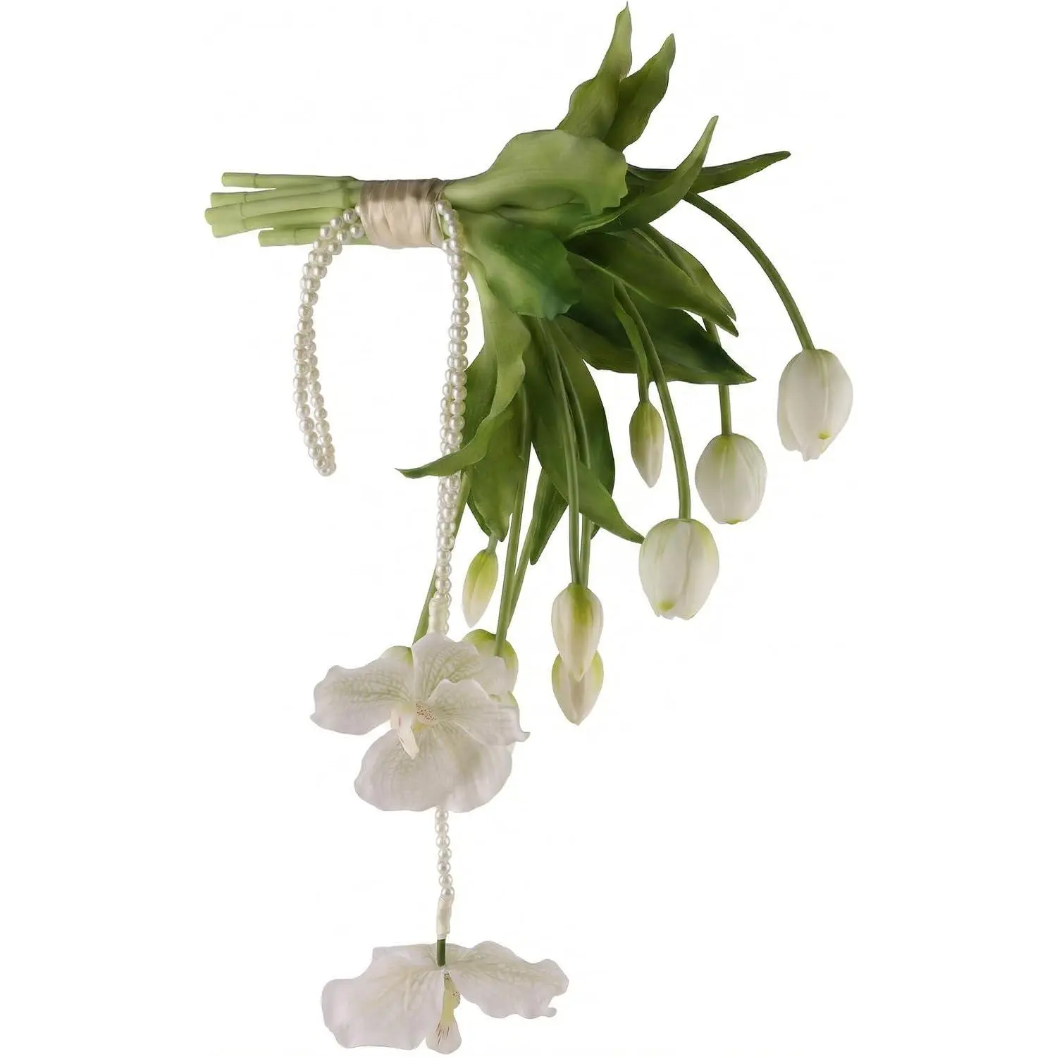 20 in Lightweight Plastic Cascading Bridal Bouquet, Ivory White Faux Tulips with Pearls, Decorative Centerpiece for Bride, Engagement & Photography Prop (Comes with Box), Decor, Gift