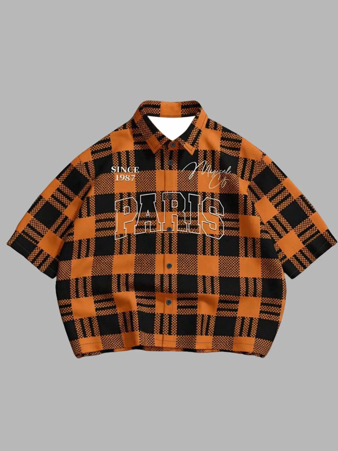 Men's Preppy Loose Fit Orange Black Plaid Cropped Short Sleeve Shirt | Paris Varsity Graphic Streetwear Blouse | Daily Casual Streetwear Style Summer Top for Men