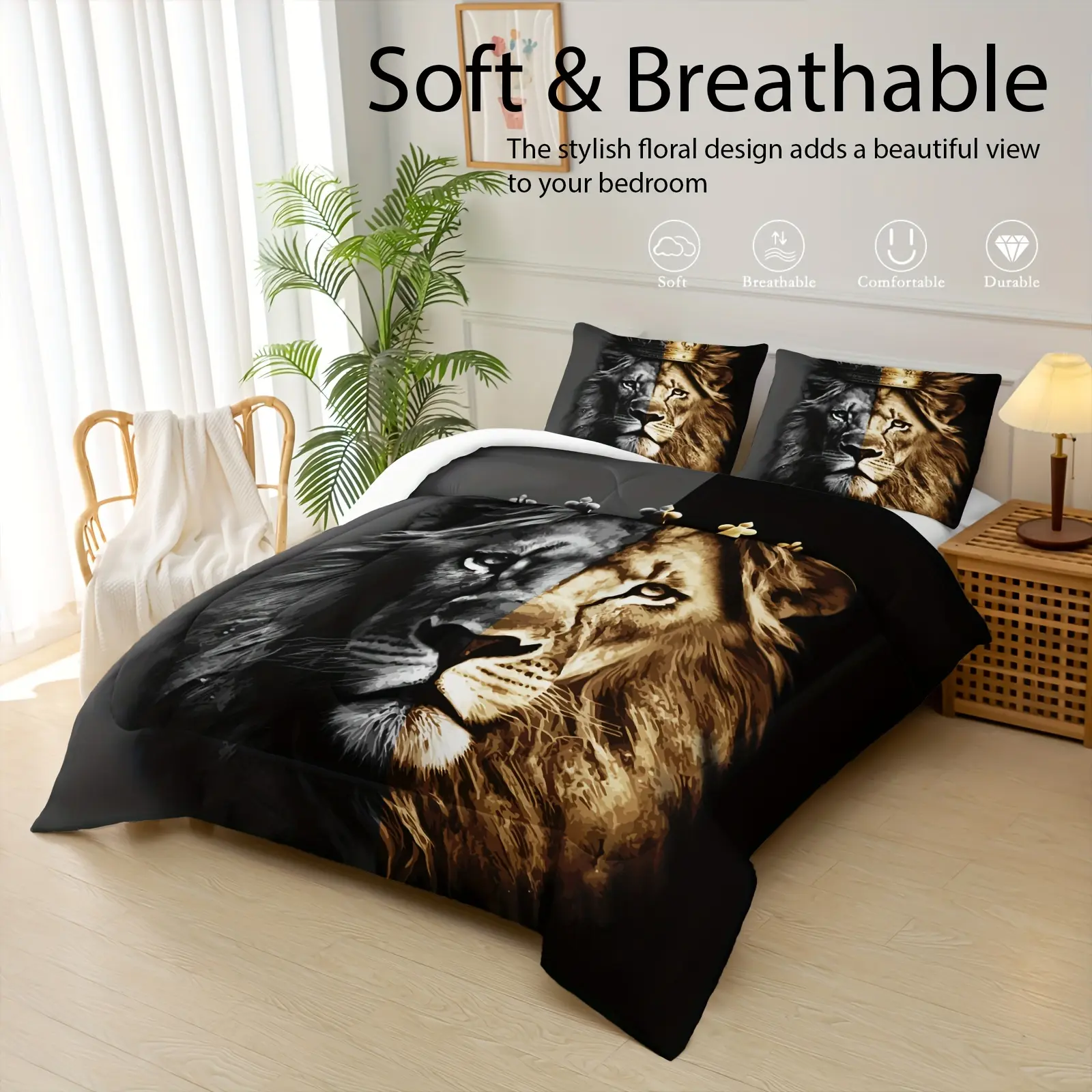 Black Gold Lion Print Comforter Set 3 Piece (1 Comforter + 2 Pillowcases) Soft Breathable Four Seasons Bedding with Crown Design for Home Dorm Bedroom Decoration