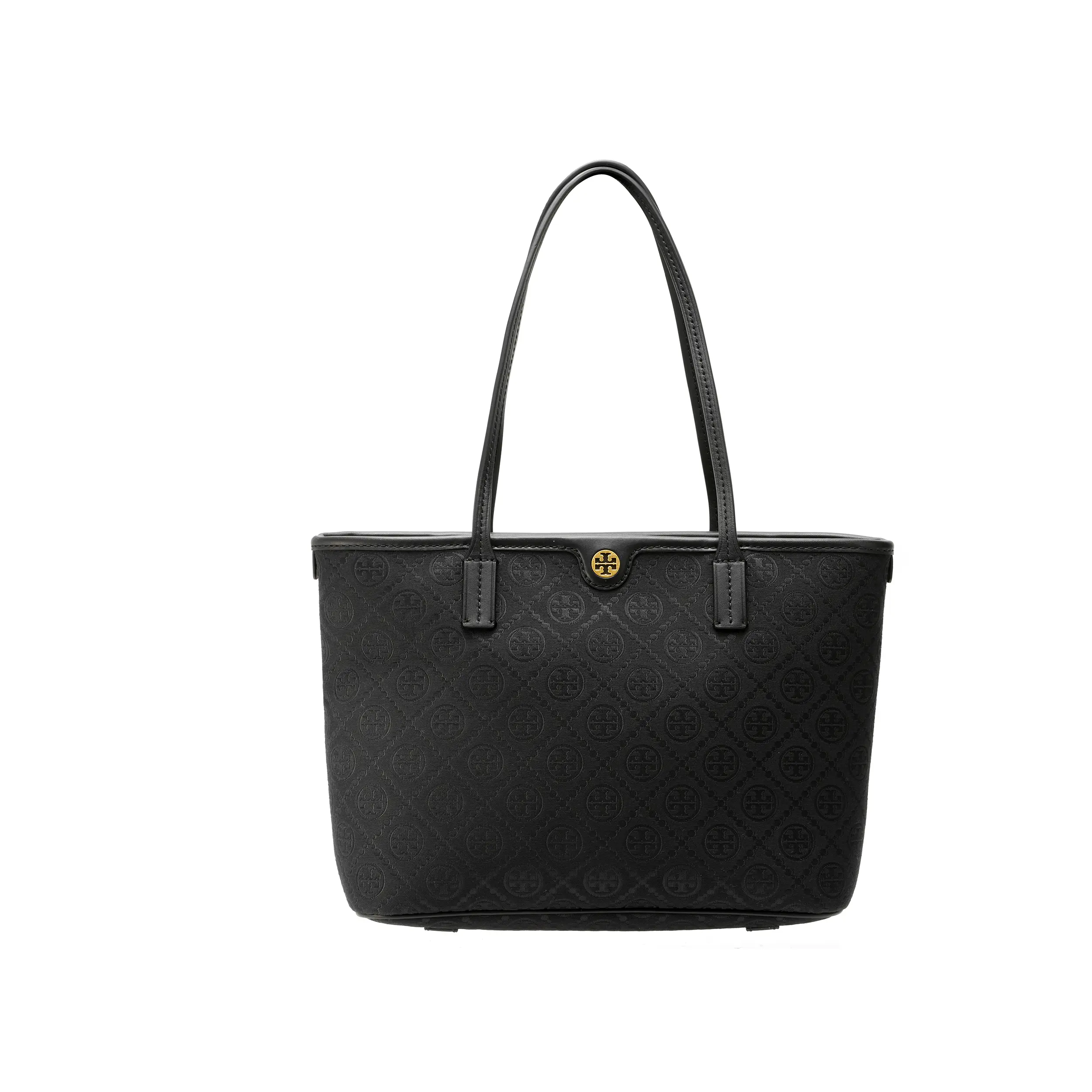 Tory Burch T Monogram Small Tote Bag for Women – Fabric and Leather, Gold Double-T Logo, Zip Closure, Black