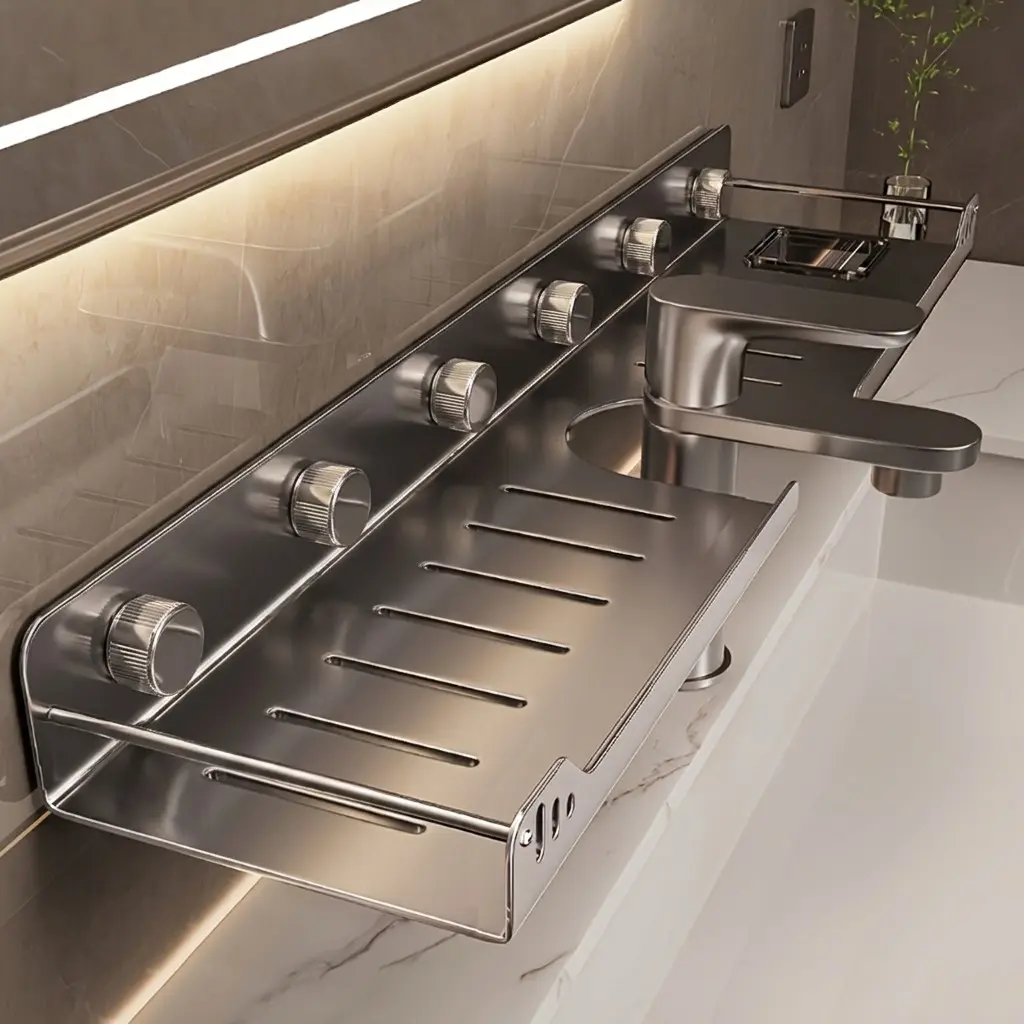 Wall-Mounted Bathroom Shelf, No-Drill Faucet Holder, Mirror Front Organizer, Toilet Counter Storage Rack, Space-Saving Design