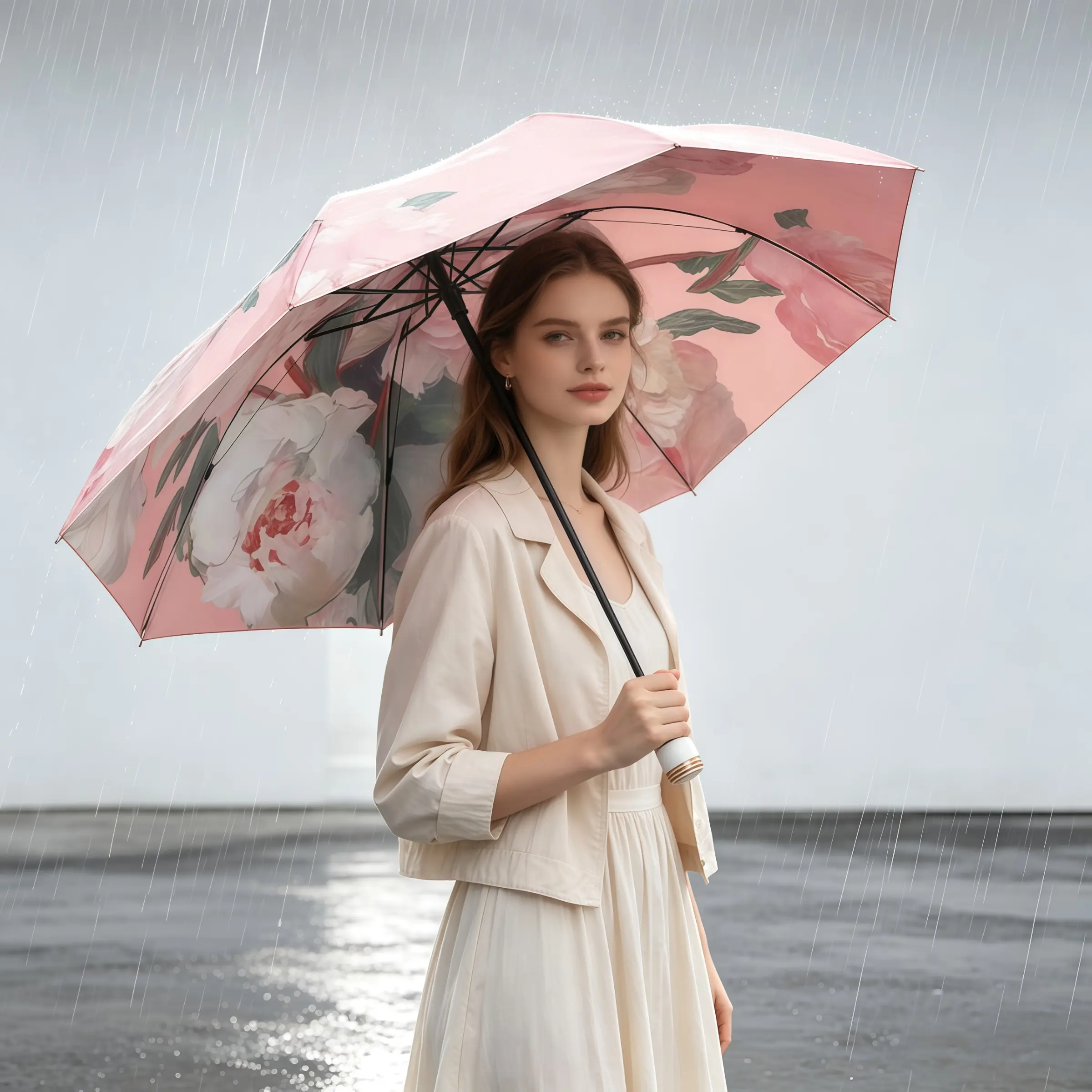 Oil Painting Peony Three-Fold Umbrella, French Vintage Style, UV Protection 99%, Metal Frame, Non-Slip Handle, Summer Essential