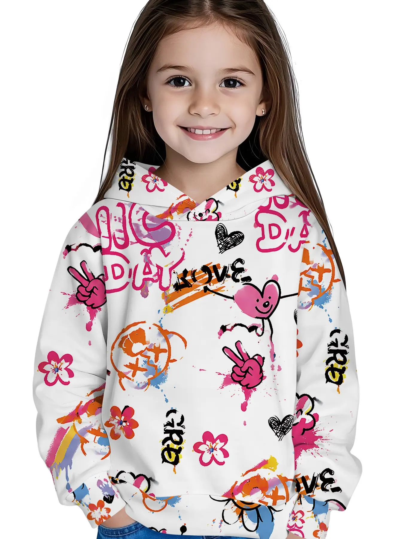 Girls' Cool Cartoon Hoodie, Fashionable Base Hand-Drawn Graffiti Print, Slim-Fitting Long Sleeve, Spring & Fall Casual Wear