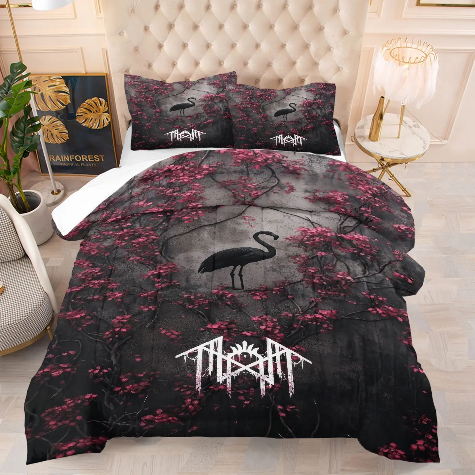 Black Flamingo Red Cherry Blossom Gothic Comforter Set, Dark Style Bedding Set, Soft Microfiber, HD Digital Print, Reinforced U-Shaped Quilt Stitching, Machine Washable, Includes 1/2 Pillowcases - without Core Bedroom Decor