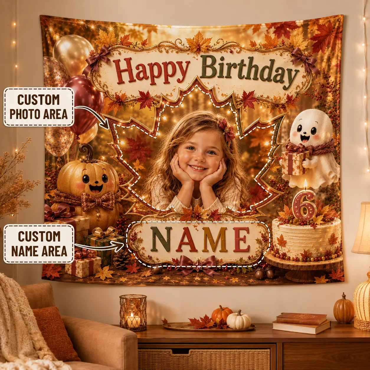 Personalized Fall 6th Birthday Backdrop with Photo and Name, Maple Leaves Pumpkin Balloon Harvest Party Photo Background