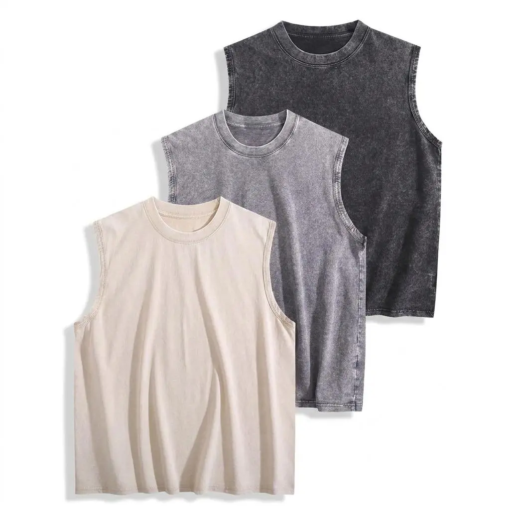 3-Pack Acid Wash Tank Tops – Unisex Sleeveless Cotton Muscle Tee & Cut-Off Loose Fit Vintage Streetwear for Summer Layering & Casual Outfits