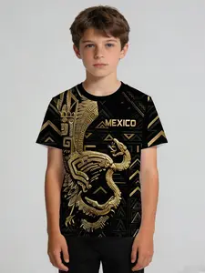 Boys' Sports T-Shirt, Mexico Black Gold 3D Quetzalcoatl Feathered Serpent, Geometric Pattern Luxury Crew Neck Short Sleeve, Soft Sweat-Wicking No Deformation, for PE Training Soccer Outdoor Party, Machine Washable Kids Gift