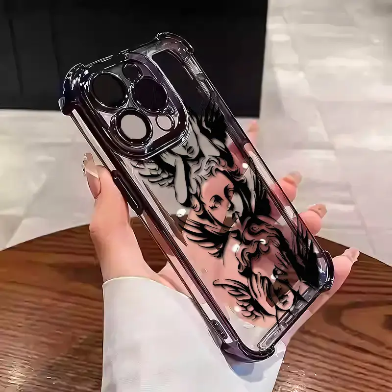 Black Angel Cupid God of Love Sacred Pattern Creative Design Exquisite Electroplating TPU Shell Suitable For iPhone 17 Pro Max 16 15 14 13 12 11 for Samsung S21 S22 S23 S24 S25 S26 Phone Case
