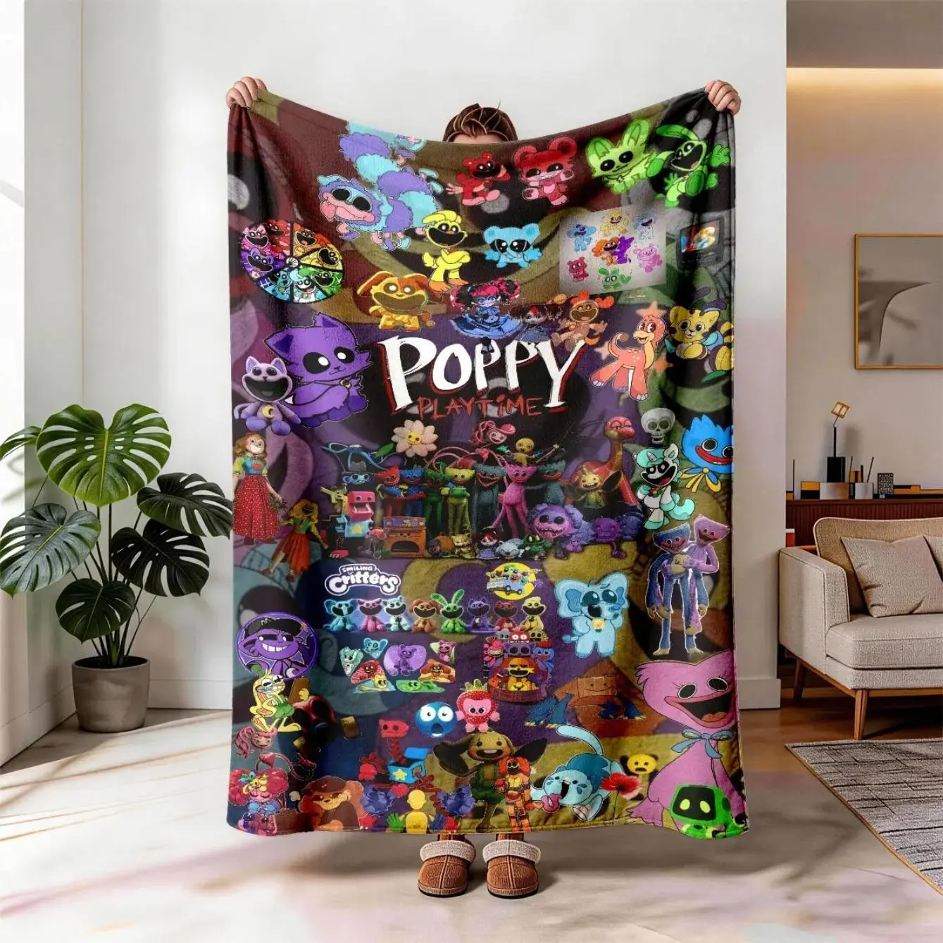 Large Size Poppy Playtime Horror Game Full Print Polyester Flannel Blanket, Soft Lightweight Stain Resistant All-Season Throw, Perfect for Bed, Ideal Gift for Spooky Game Fans Home Decor, Polyester Fabric