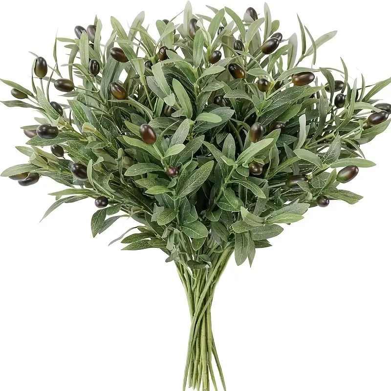 12pcs Set of Artificial Olive Branches with Purple Berries, 14.17inch Spring Artificial Flowers for Vases, Faux Olive Branches, Artificial Plants, Green Plant Stems, Eucalyptus Branches, Green Leaves, UV-Resistant. Suitable for Table Centerpieces