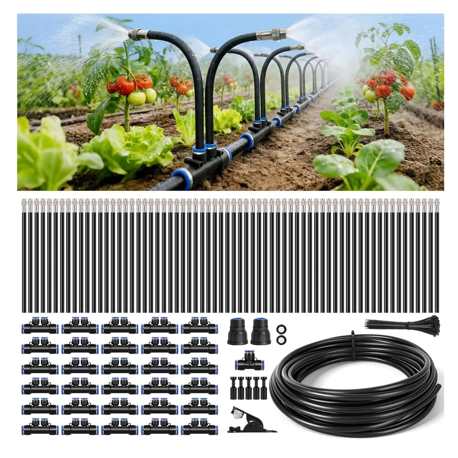 100Ft 1/2" Tubing High-Flow Drip Irrigation System, 360° Adjustable Garden Watering System with 60 Nozzles, Dual-Side Watering Kit for Raised Beds, Greenhouses & Efficient Plant Irrigation