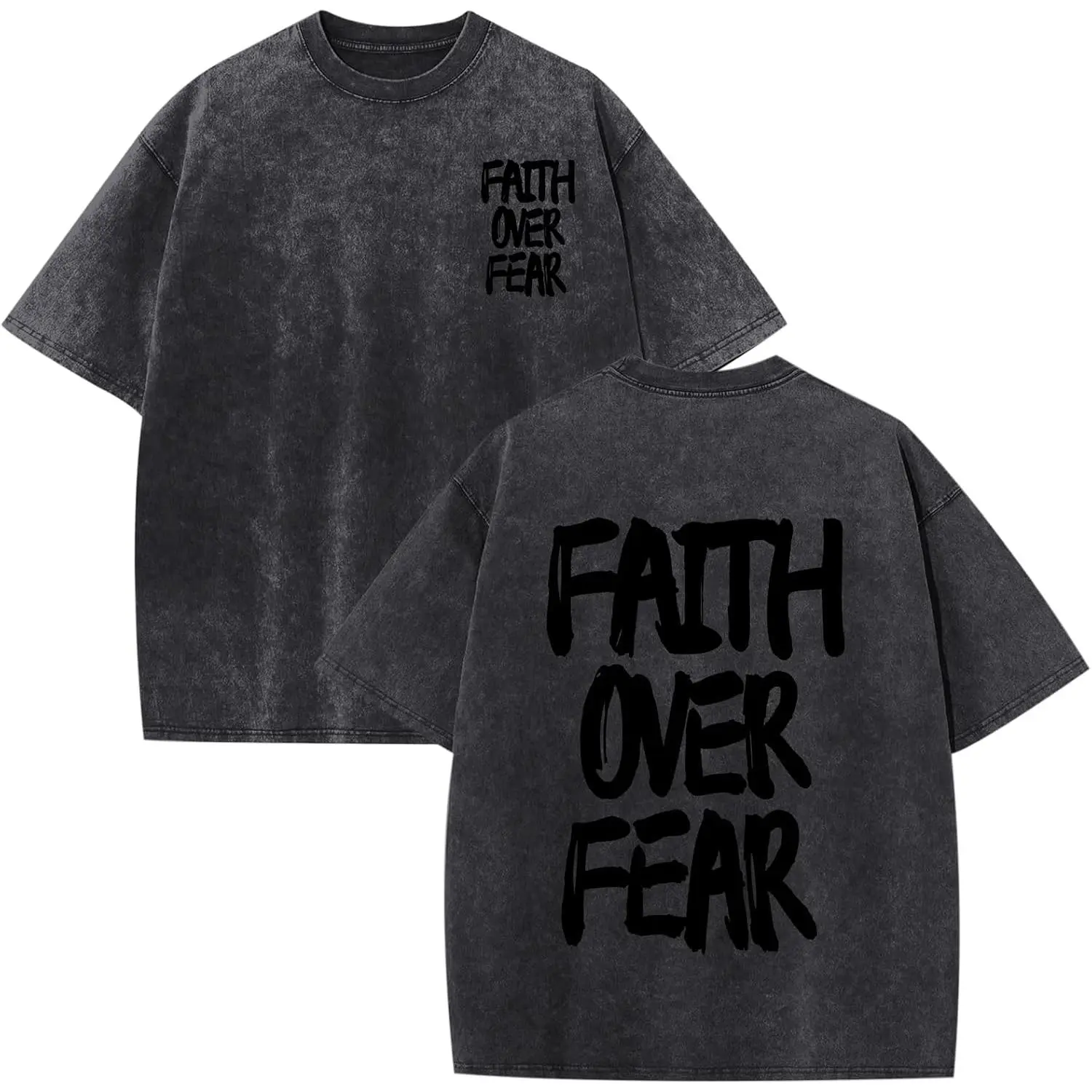 Faith Over Fear Graphic Tee Vintage Washed Cotton Tshirt Christian Graphic Brush Lettering Streetwear Oversized T Shirt Women Short Sleeve Crewneck Top Religious Aesthetic Gift Men Loose Casual Top