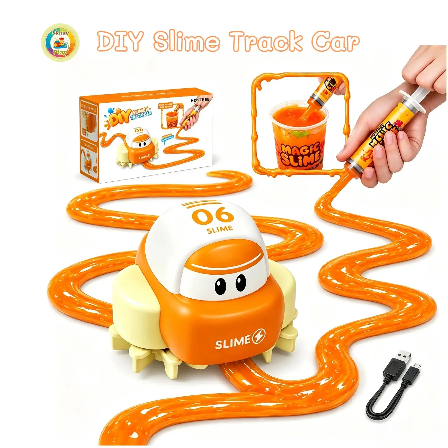 Slime Race Track Car,  DIY Builder With Rechargeable Motorized Car, Auto Follow Custom Slime Route Line, STEM Educational Sensory Toy, Ages 3+,Non-Toxic Slime Making Kit With Syringe, Birthday Christmas Gift For Kids Boys Girls