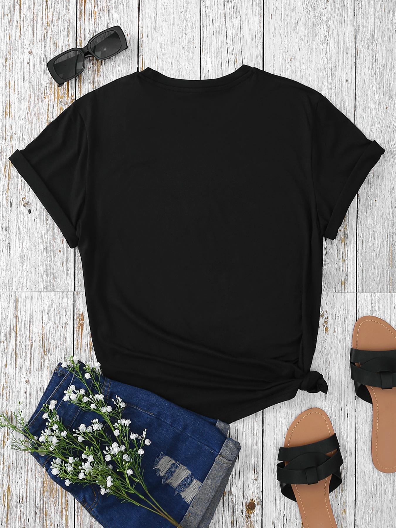 Women's Letter & Cowboy Hat Print Round Neck Graphic Tee, Vintage Trendy Casual Short Sleeve T-shirt for Daily Wear, Ladies Summer Clothes