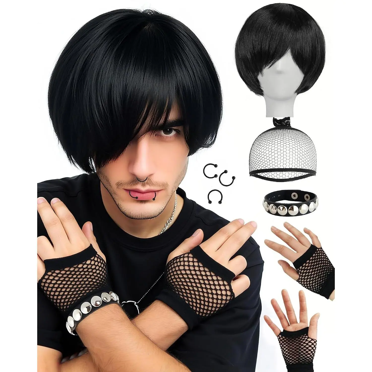 8 Pcs Men's Emo Scene Costume Set with Short Black Wig, Fake Piercings, Fishnet Gloves, Bracelet & Hair Cap for 2000s Goth Punk Cosplay Halloween Party(Gift)