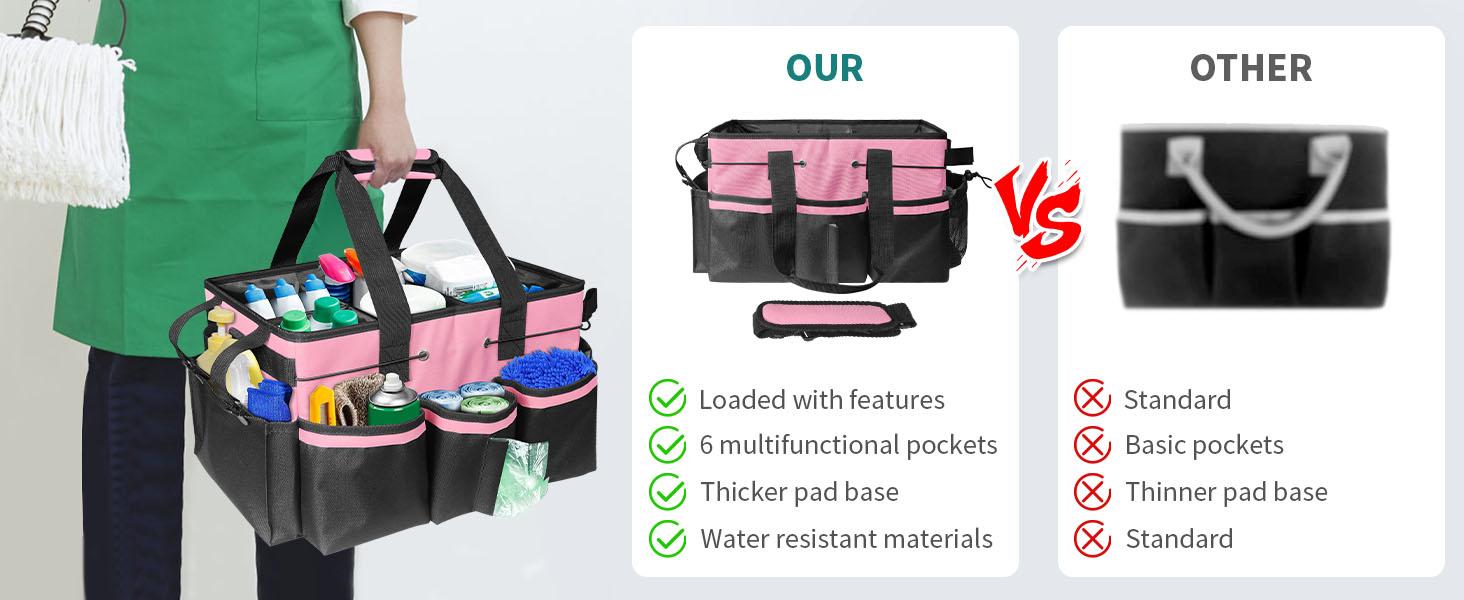 Cleaning Bags for Housekeepers, Large Cleaning Supplies Organizer with Handles & Shoulder Strap, Cleaning Caddy Bag with Foldable Divider for Cleaners, Car Horse Cleaning Bag(Pink)