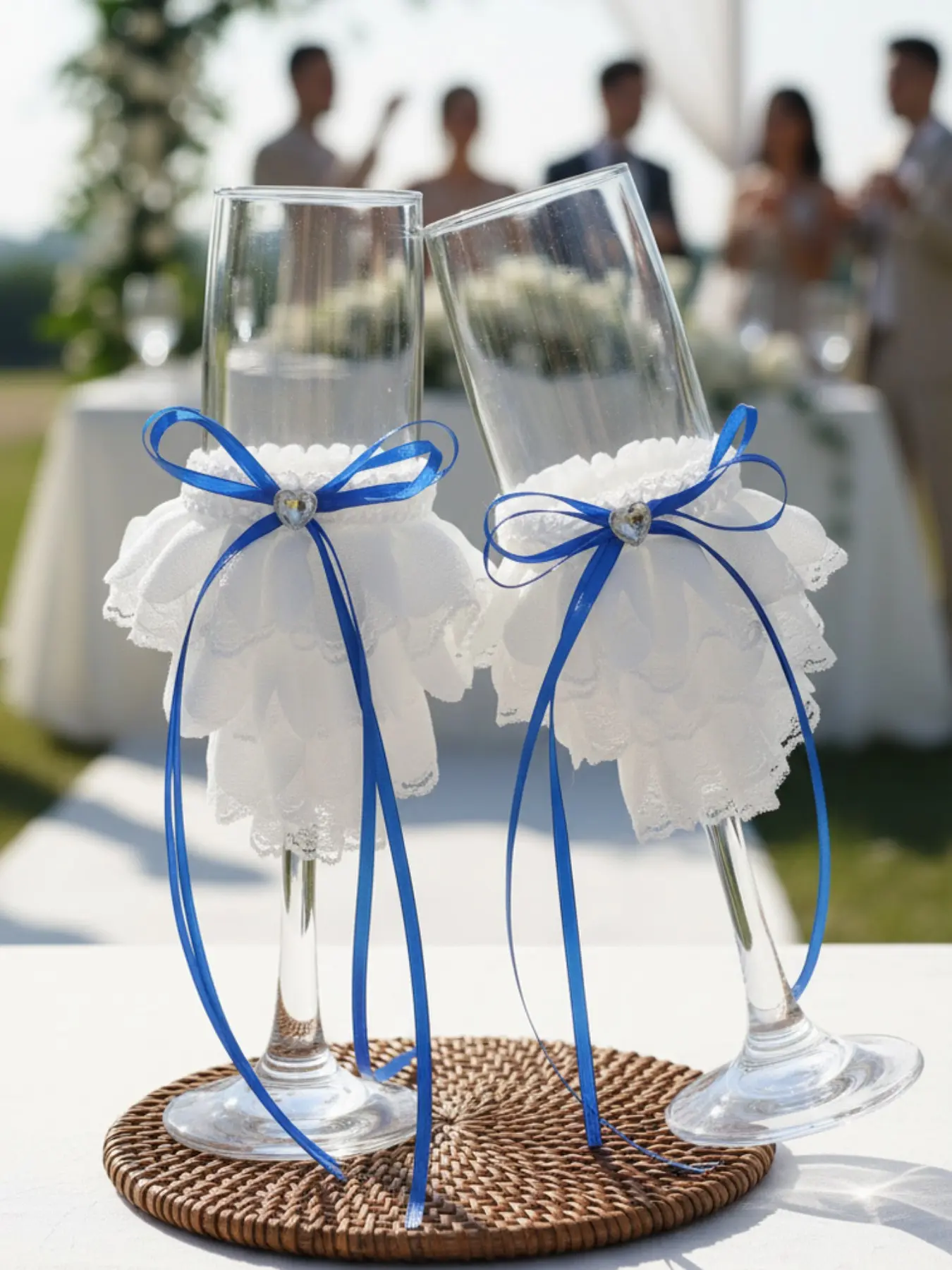 Handmade Crystal Heart Wedding Champagne Flutes Set of 2, Royal Blue Satin Ribbon Bow & Floral Fabric Decor, Mr & Mrs Toasting Glasses, Reusable for Wedding, Engagement, Anniversary, Valentine's Day, Halloween, Christmas Events & Photo Props.
