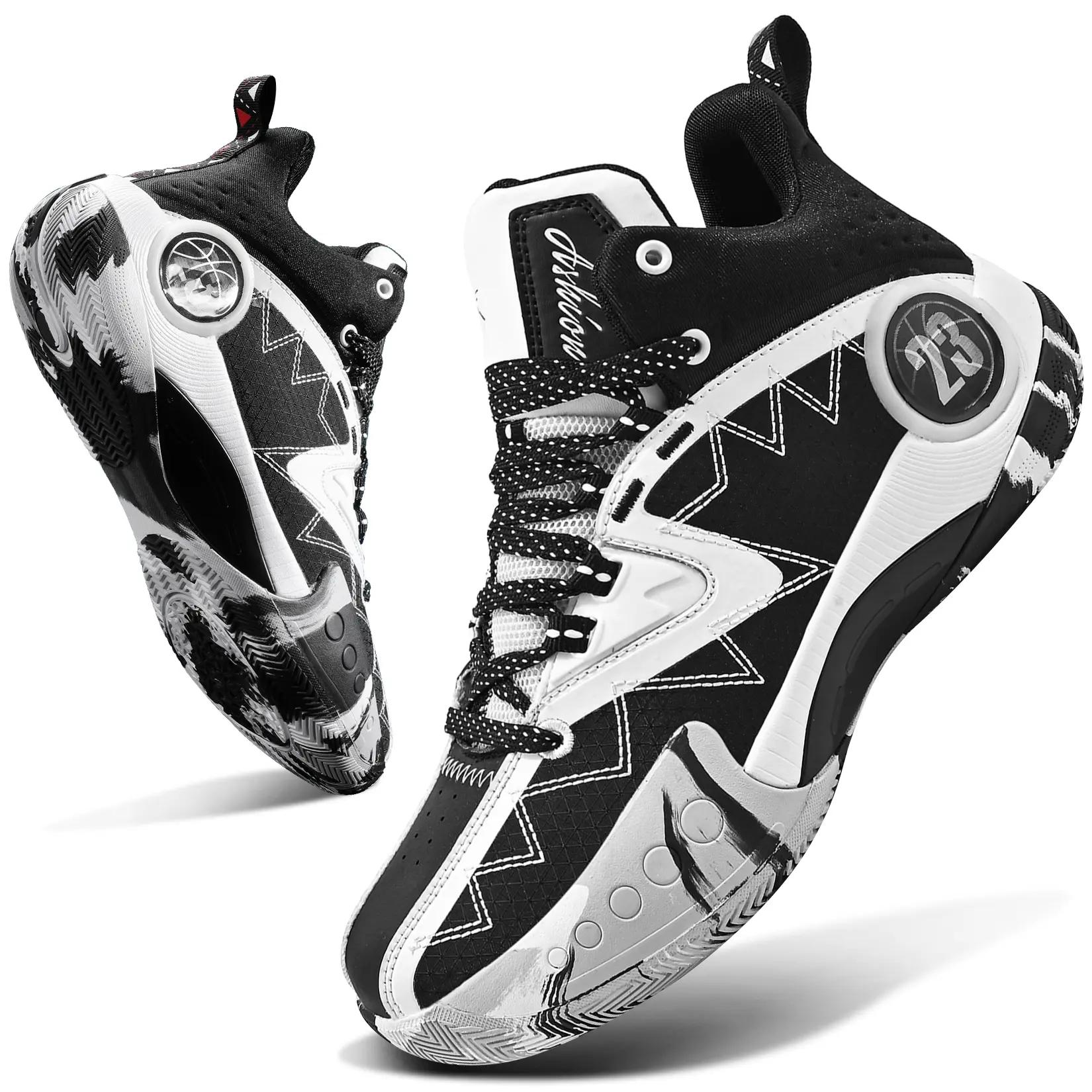 American Streetball Elite High-Top Hoops Shoes, Bold Black White Camo Design, Cushioned Midsole, Durable Court Kicks for Competitive Play