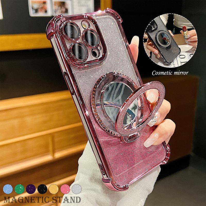 OREKROY Mirror Bling Case Ring Kickstand MagSafe Cover For iPhone 16 Pro Max 15 14 13 12,Anti-fall Shockproof Bling-bling twinkle Phone Cover,Phone Accessories