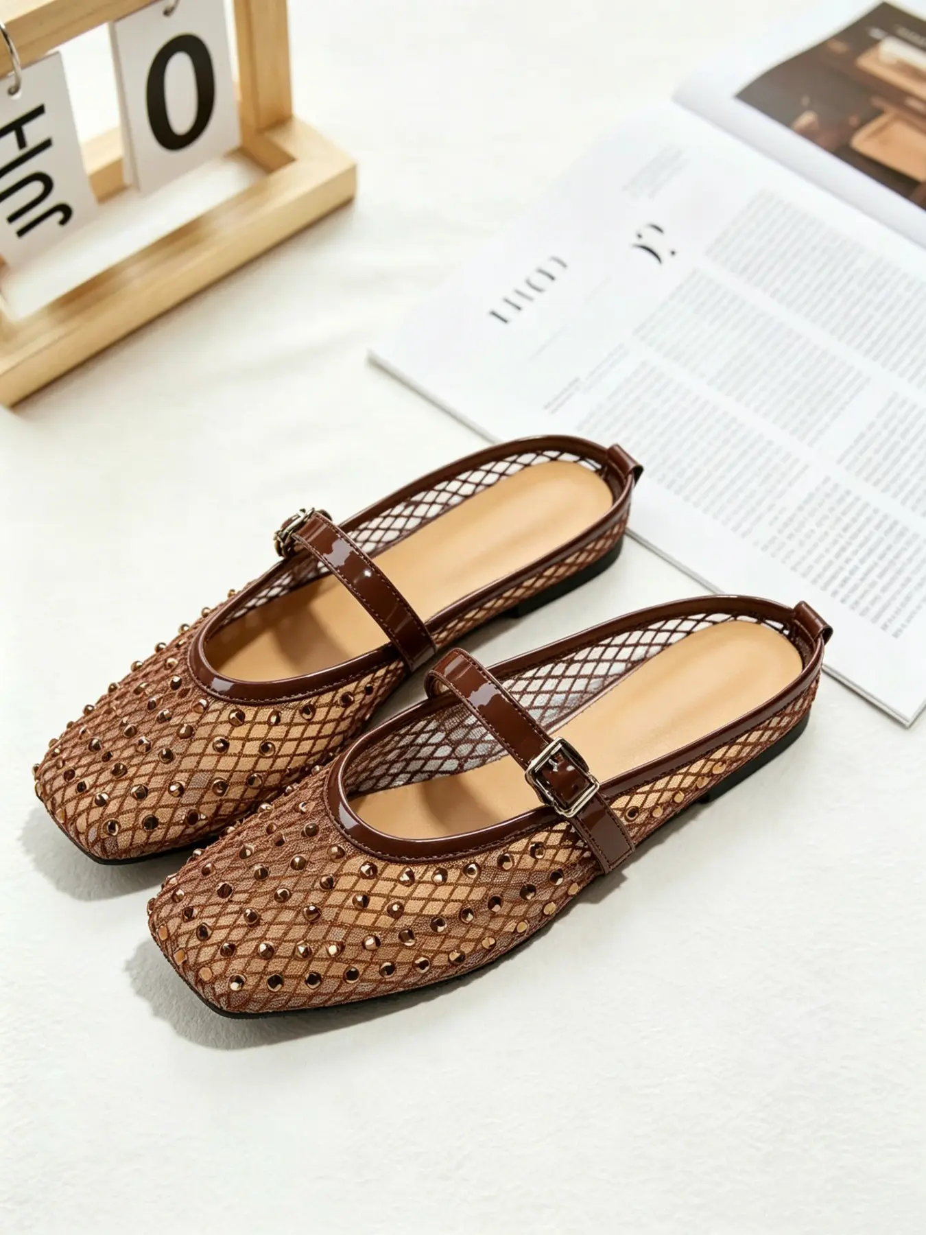 Women's Rhinestone Mesh Mary Jane Sandals, Elegant Sandal, Breathable Hollow Out Design, Adjustable Buckle, Soft Rubber Sole, Perfect for Summer Events