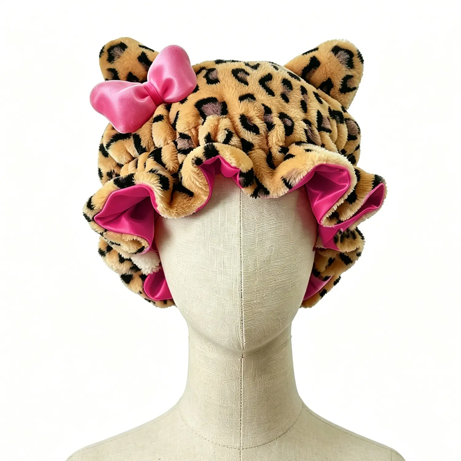 Luxury Kitty Teddy Bonnet-Adjustable,Daily Hair Care and Protection with SatinLining & Cute Ears No Frizz All ComfortStylish Curl Protection for Daily Hair Care Durable Halloween hair bonnet,Cute Comfortable Stylish